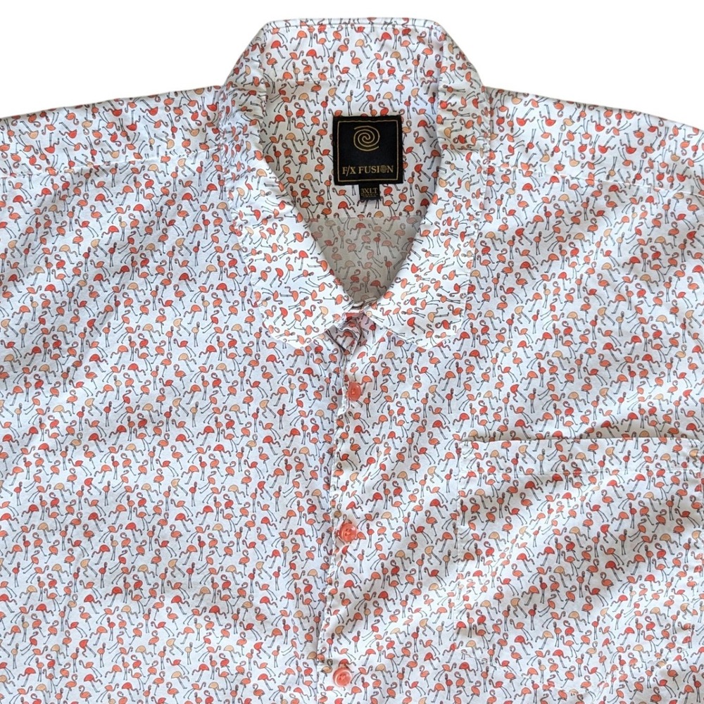 FX Fusion 3XL White Flamingo Pattern Short Sleeve Button Up‎ Shirt Big & Tall